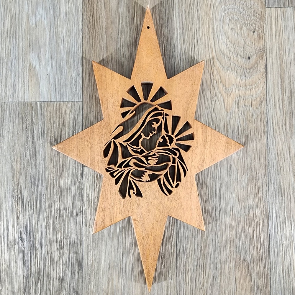 Wooden Star Nativity Wall Plaque Mary and Baby Jesus Religious MCM Decor 12.5in